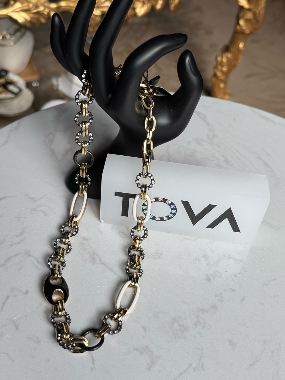 TOVA Reno Gold, Black and white enamel Chain Link Necklace with Crystal Accents